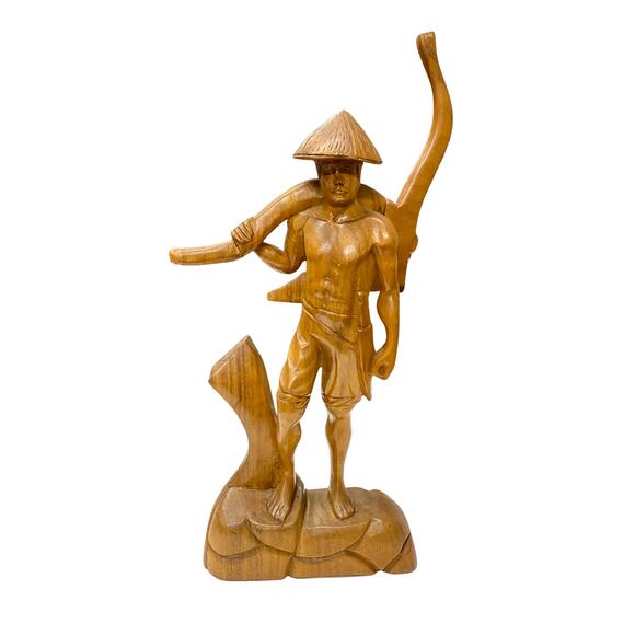 Vintage Asian Hand Carved Wooden Farm Worker with Scythe - Picture 1 of 14